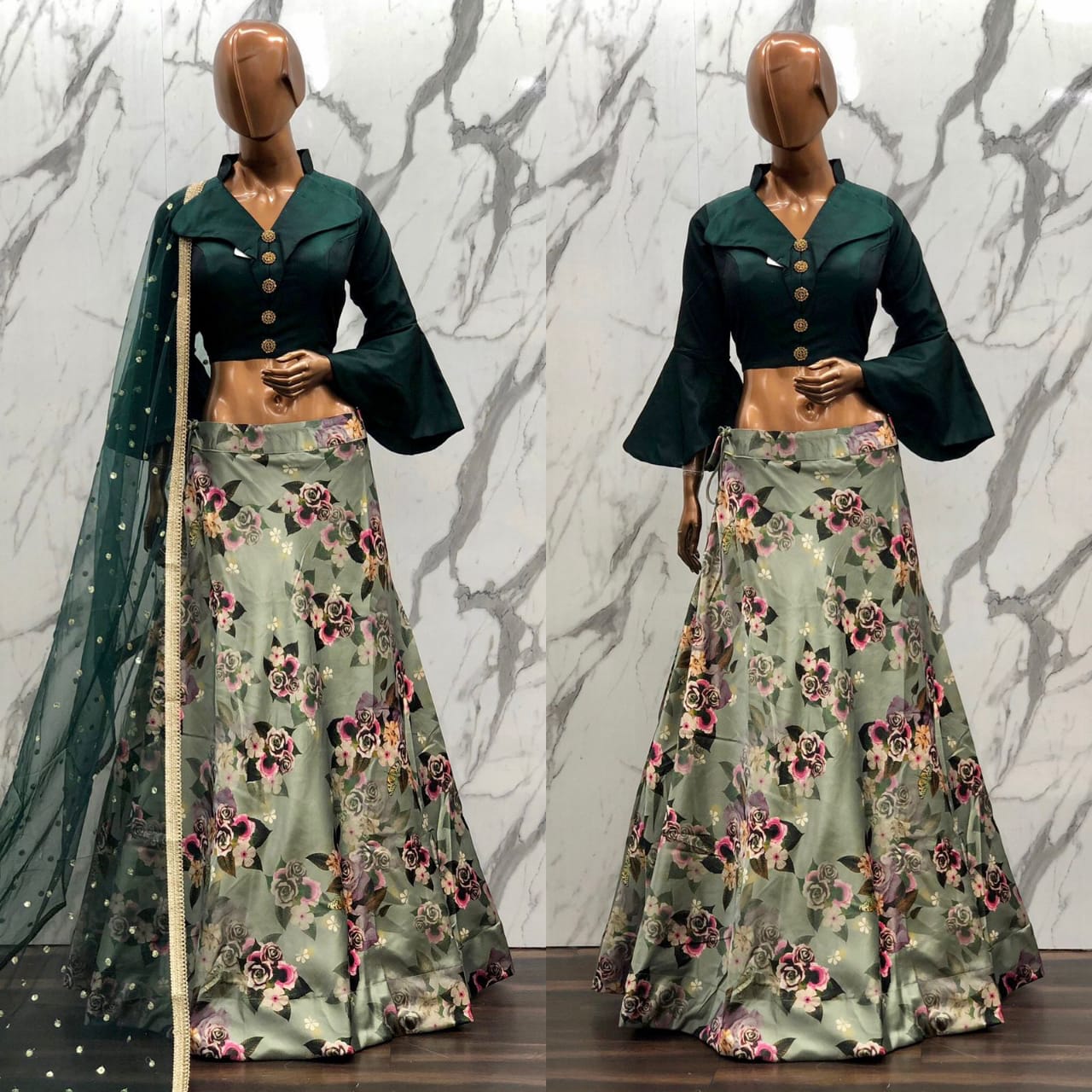 Modern Satin Lehenga with Florals & Bell Sleeves