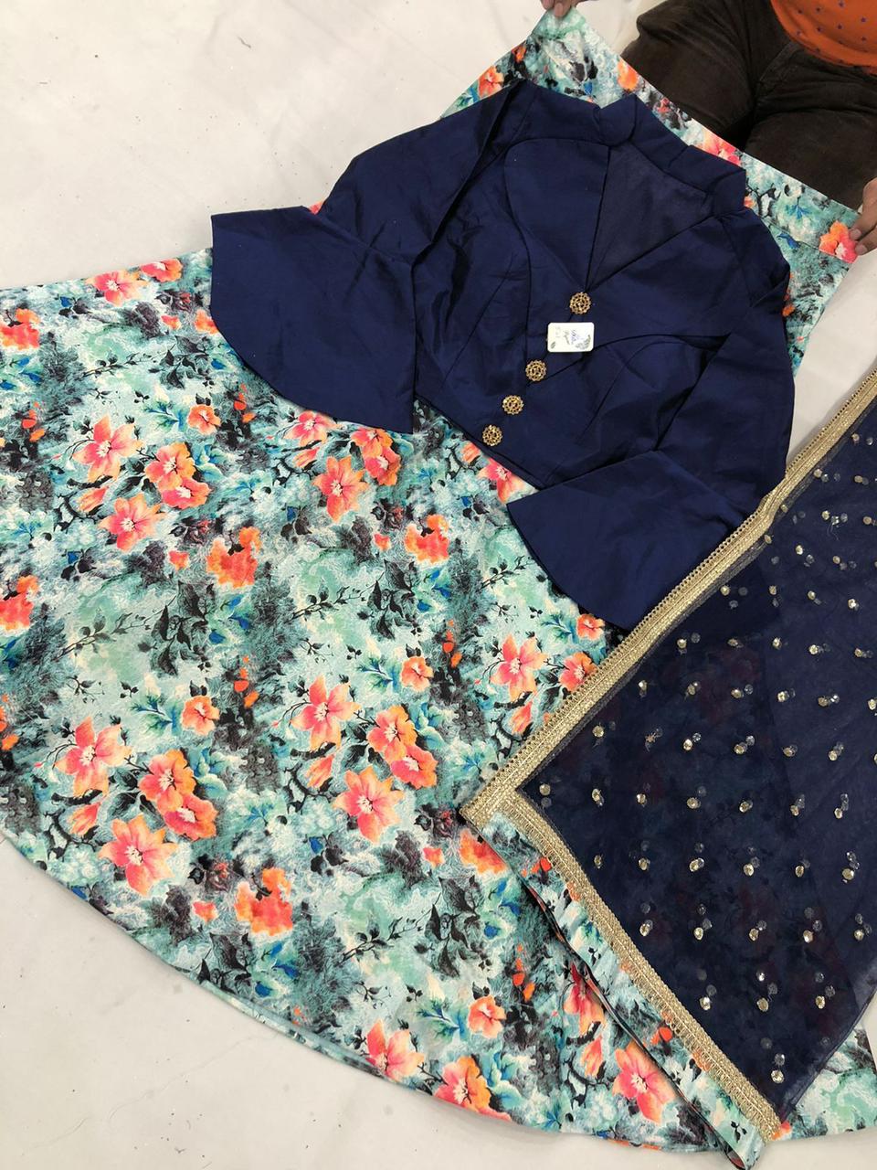 Modern Satin Lehenga with Florals & Bell Sleeves