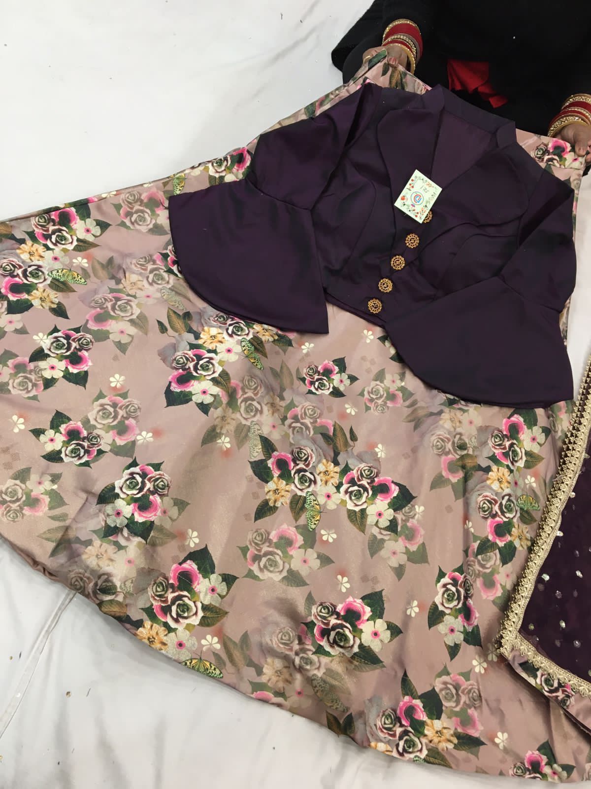 Modern Satin Lehenga with Florals & Bell Sleeves