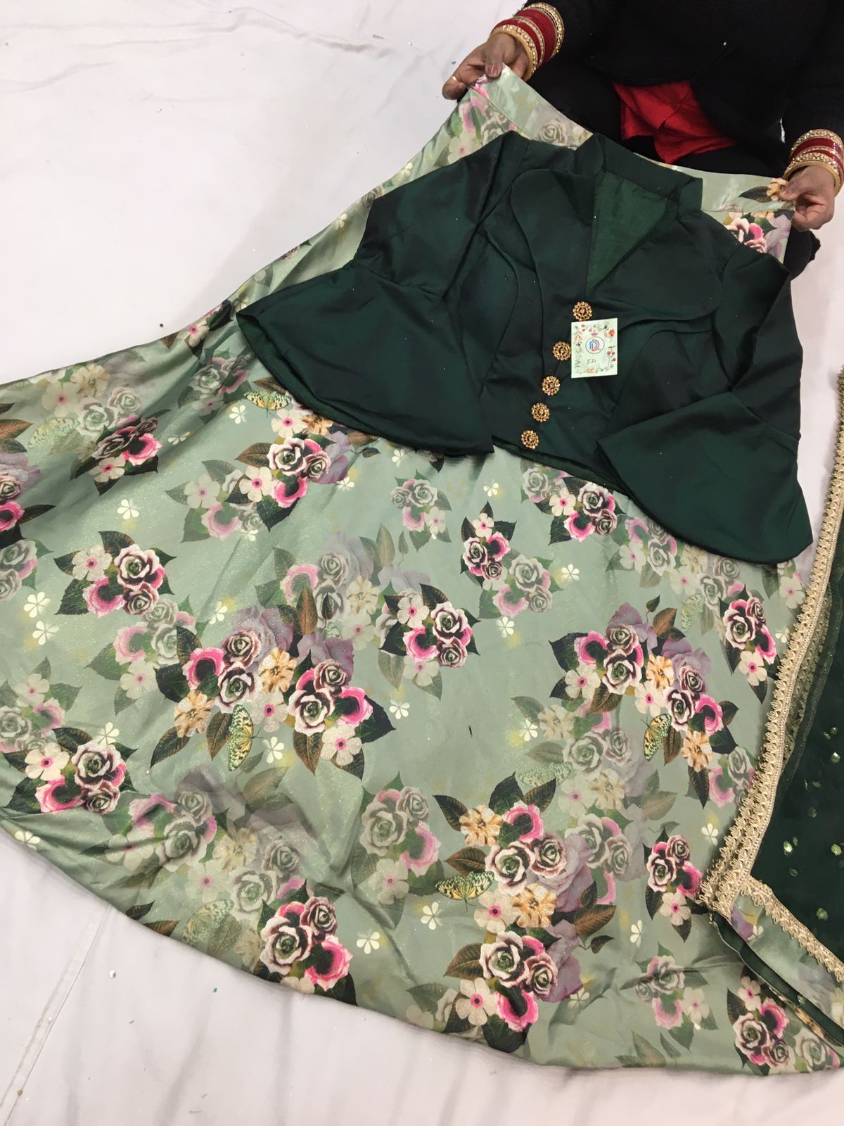 Modern Satin Lehenga with Florals & Bell Sleeves