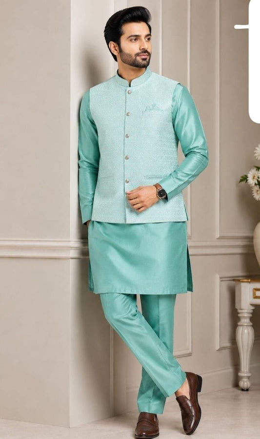 3-Piece Turquoise Silk & Jacquard Kurta Set