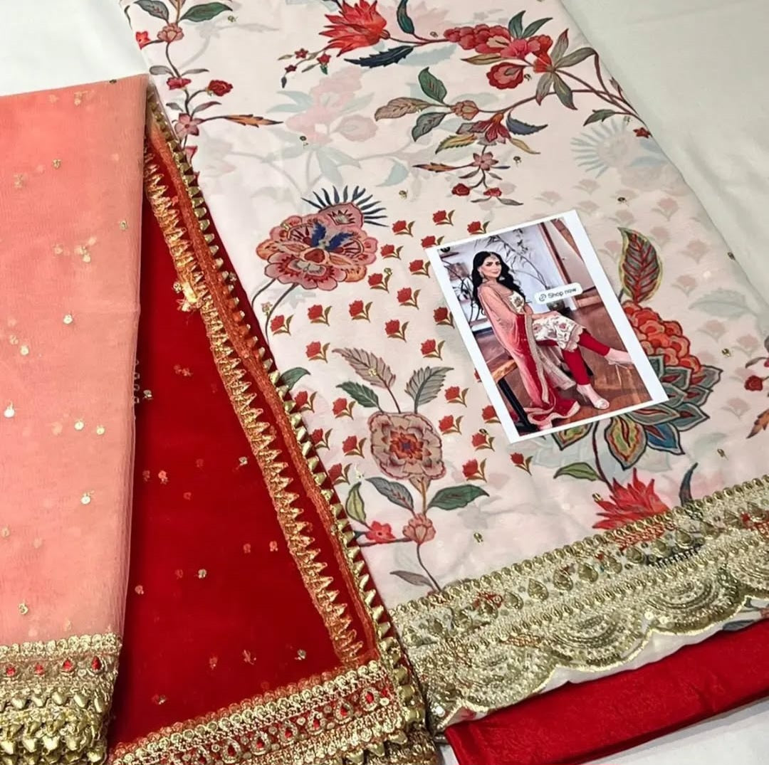 Off-White Floral Georgette Shalwar Kameez Set (Unstitched)
