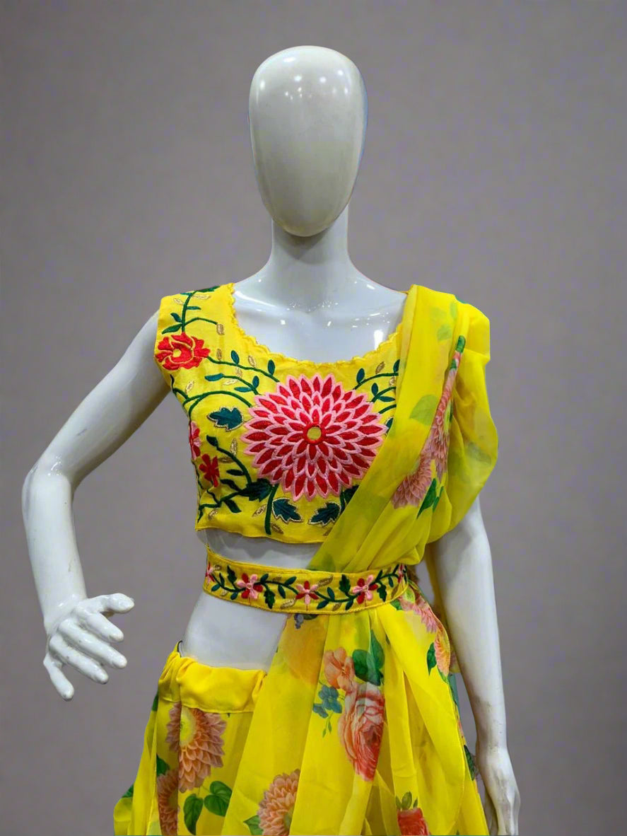 Bright Floral Ruffle Saree (Ready-Made)