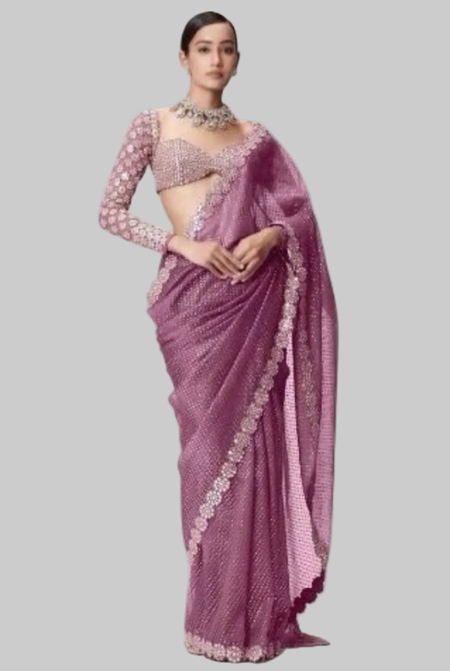 Heavy Faux Georgette Saree with 5mm Sequin & Mirror Work – Designer Party Wear Saree with Stitched Embroidered Blouse
